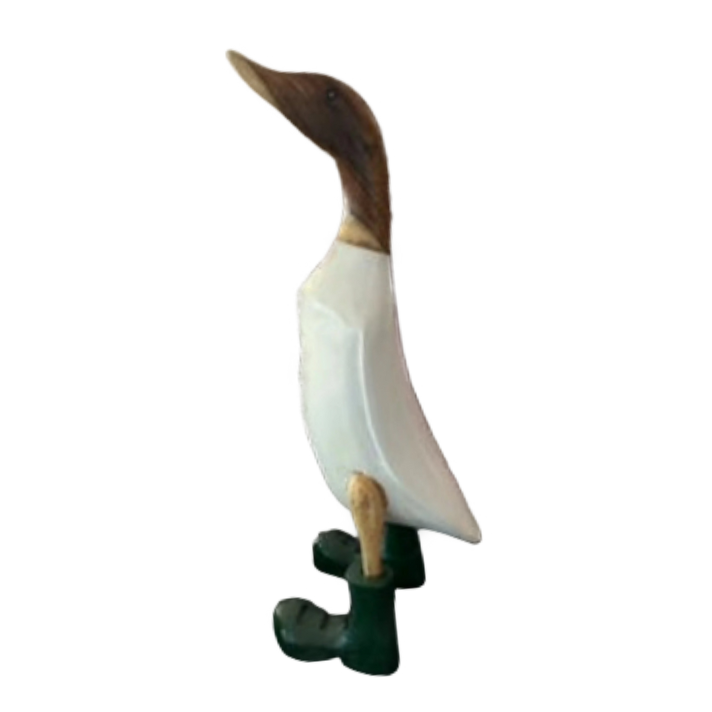 A Wooden Duck White With Green Boots