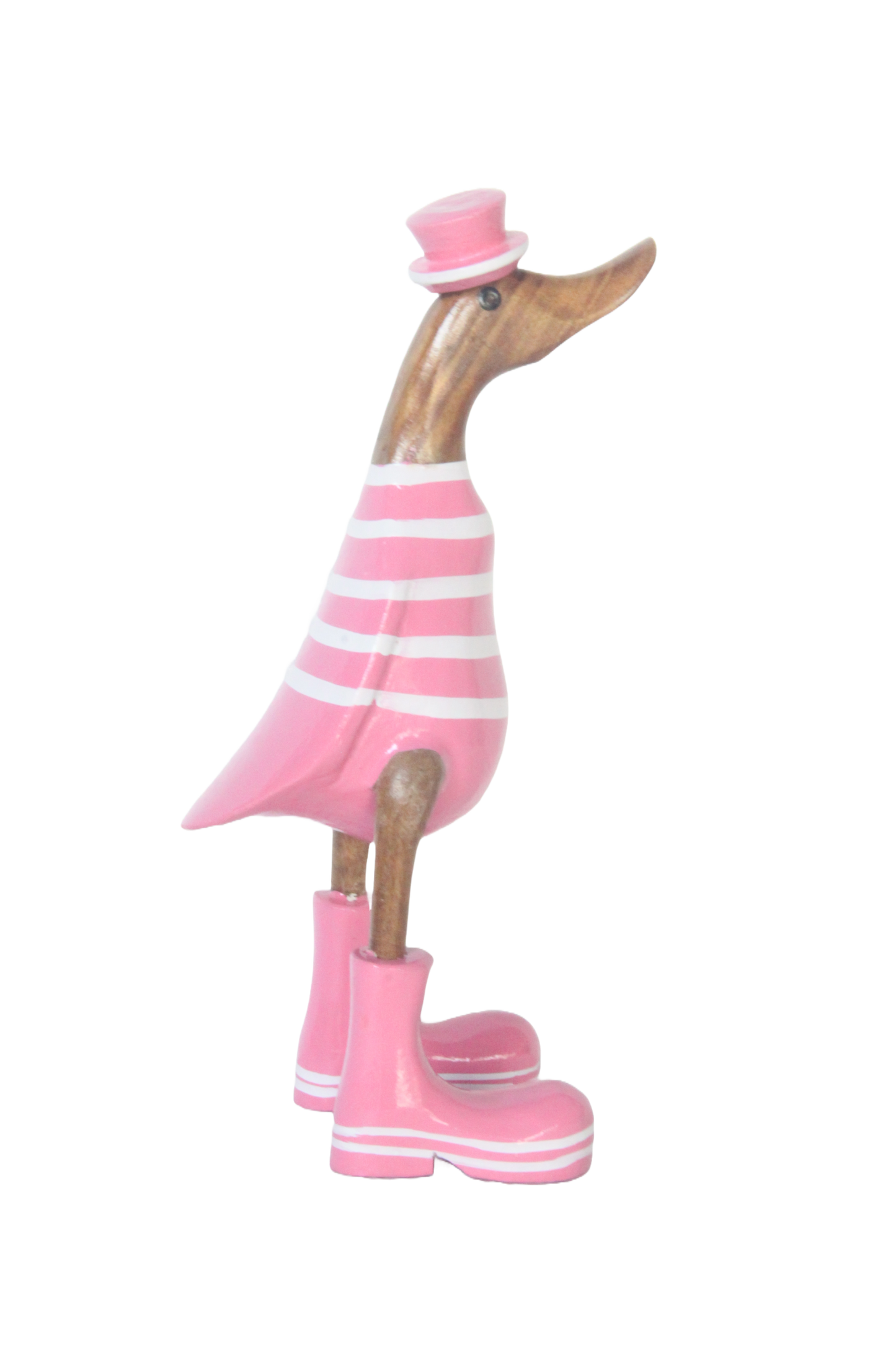 A Pink Wooden Duck With White Stripes And Boots