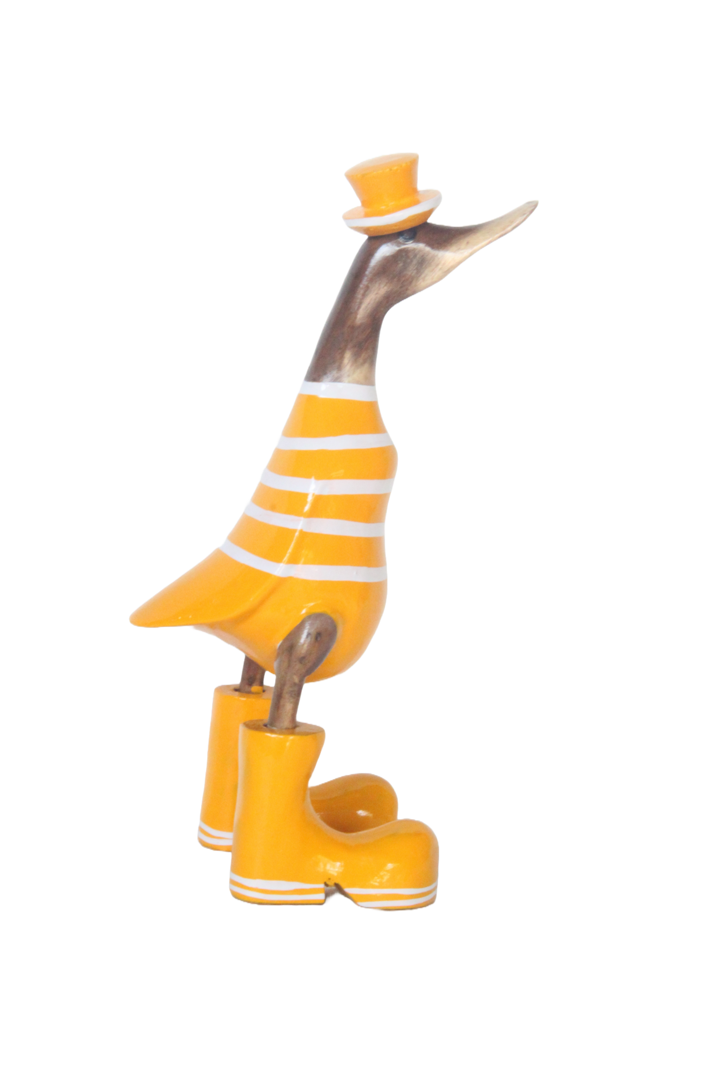 A Yellow Wooden Duck With White Stripes Boots 25 cm