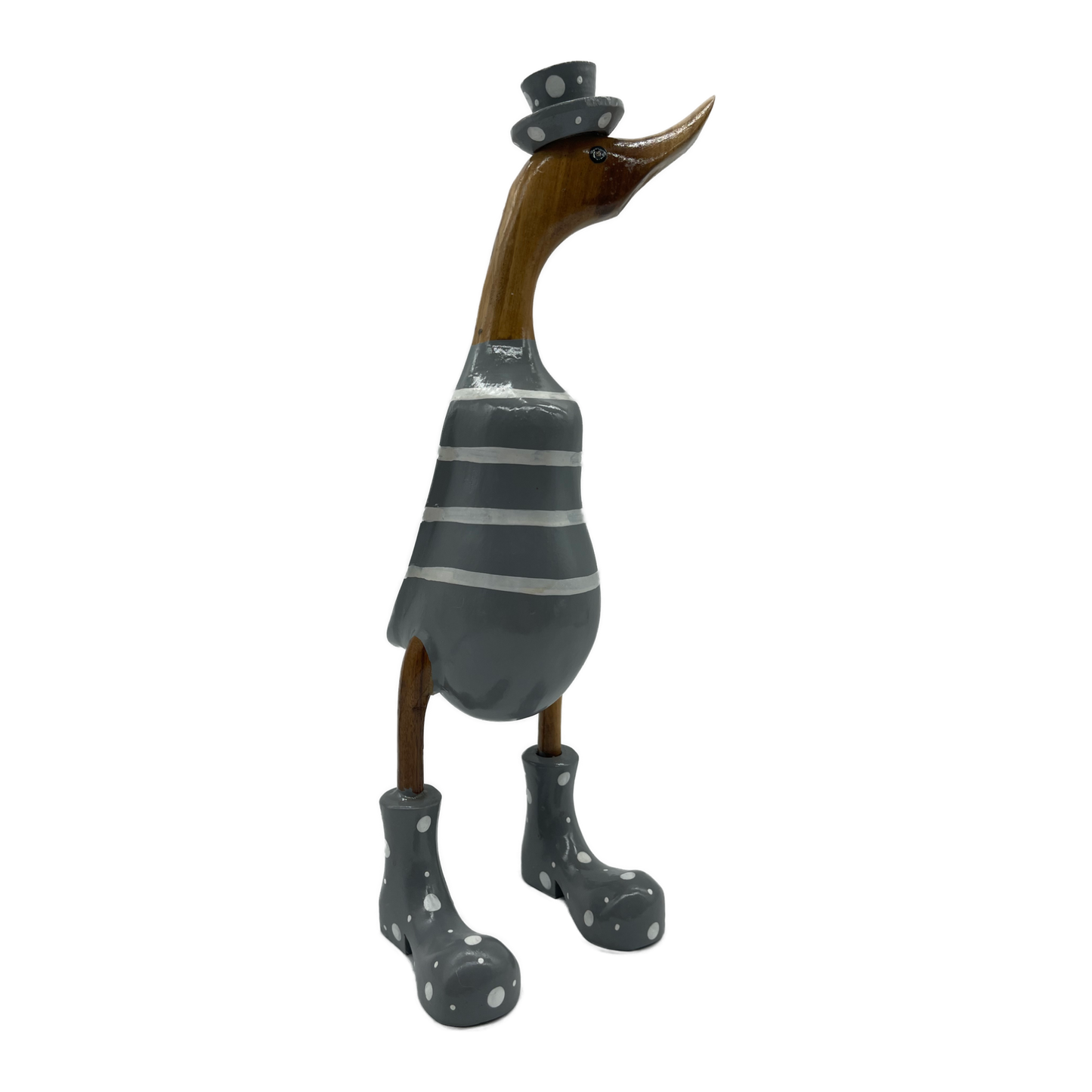 A Wooden Ducks With Grey Stripes Boots And Hat