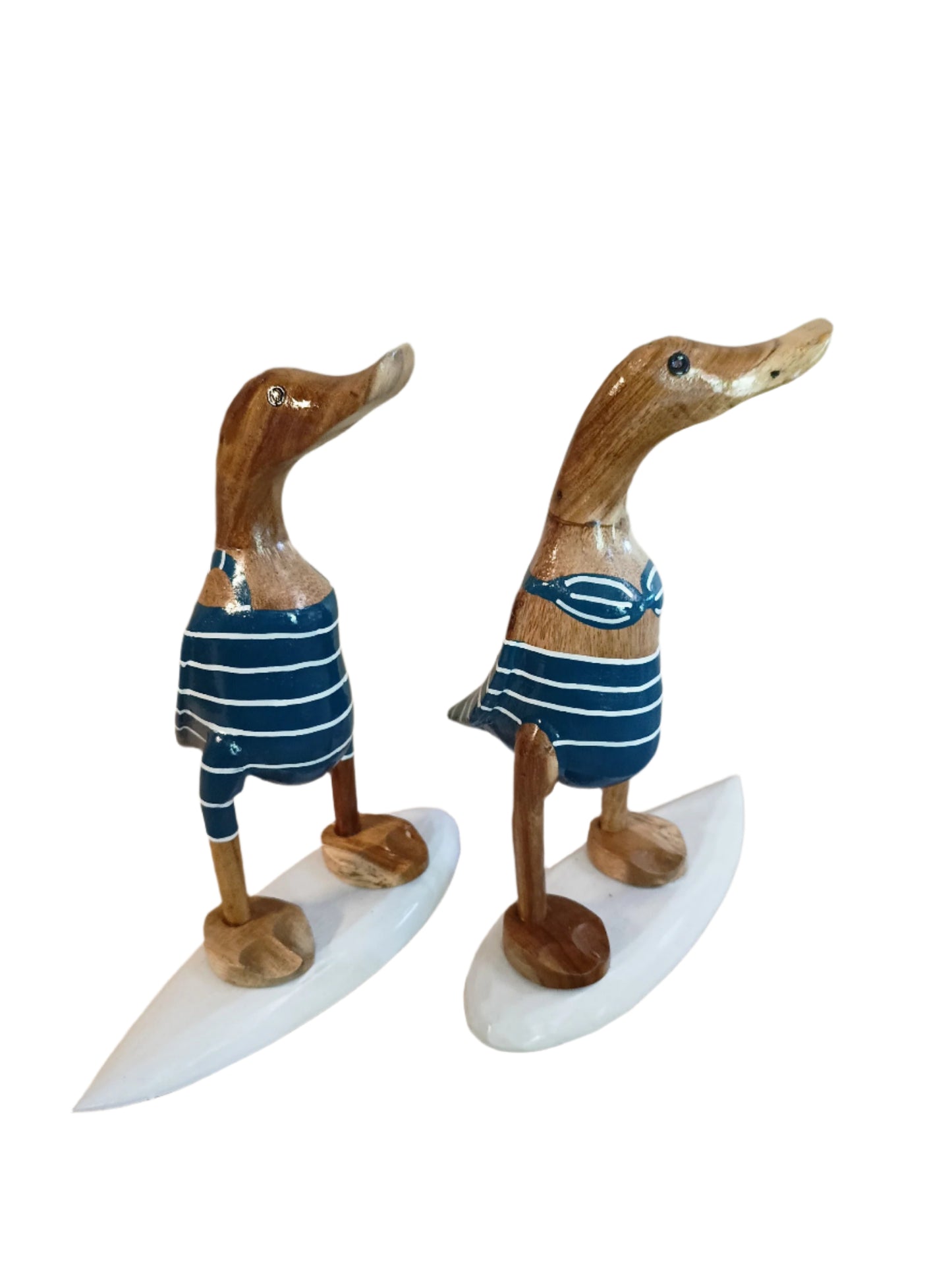 A Male Surfer Duck 25cm Wooden Duck in Blue and White.