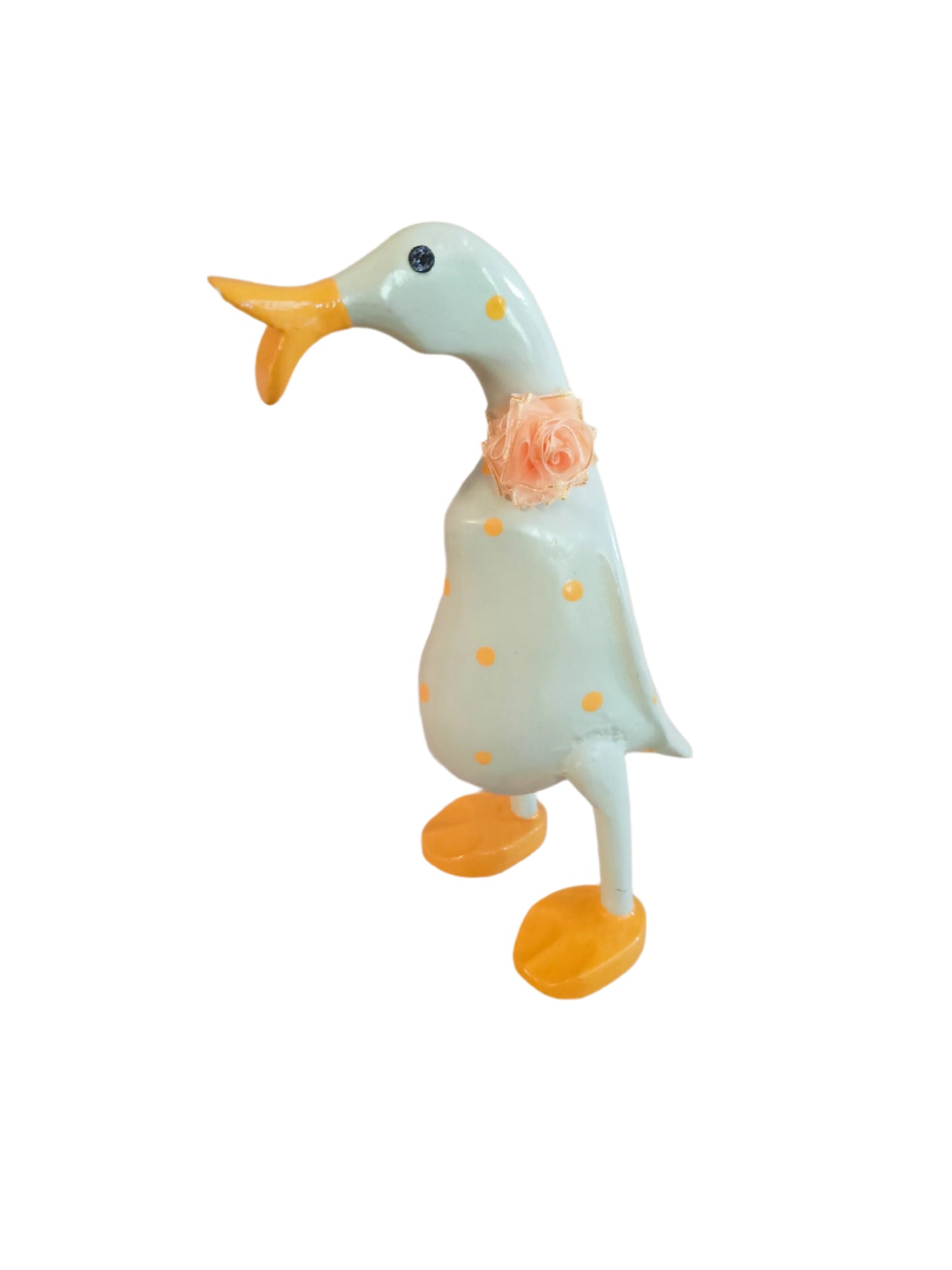 A Wooden Coloured Chatter Duck White With Yellow Polka Dots