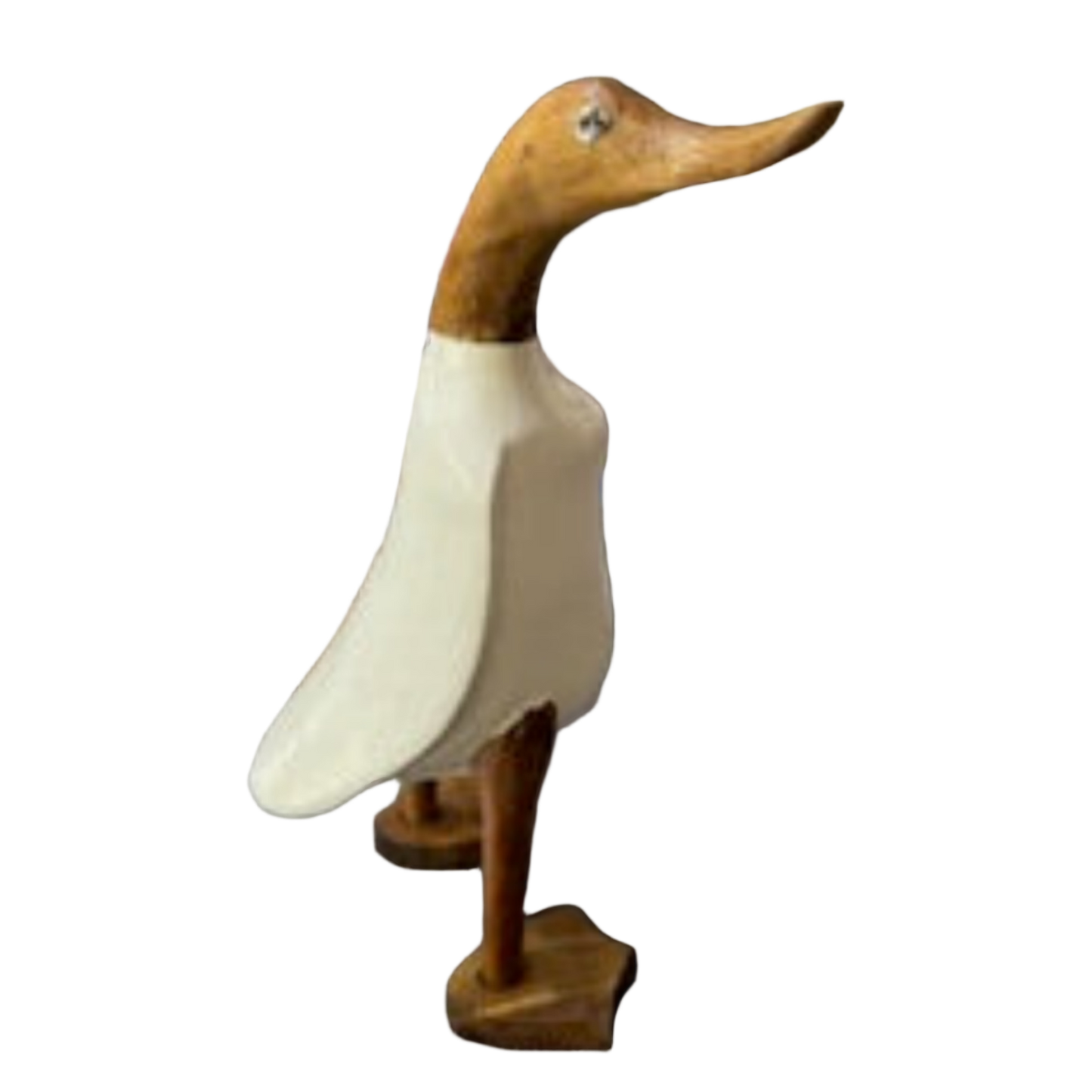 A Wooden Duck With White Body and Webbed Feet