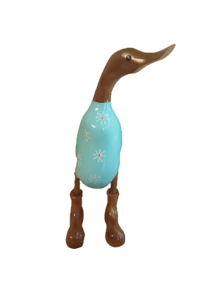 Bamboo And Teak  Duck With  Pretty Blue  Flowers And Boots Just Landed