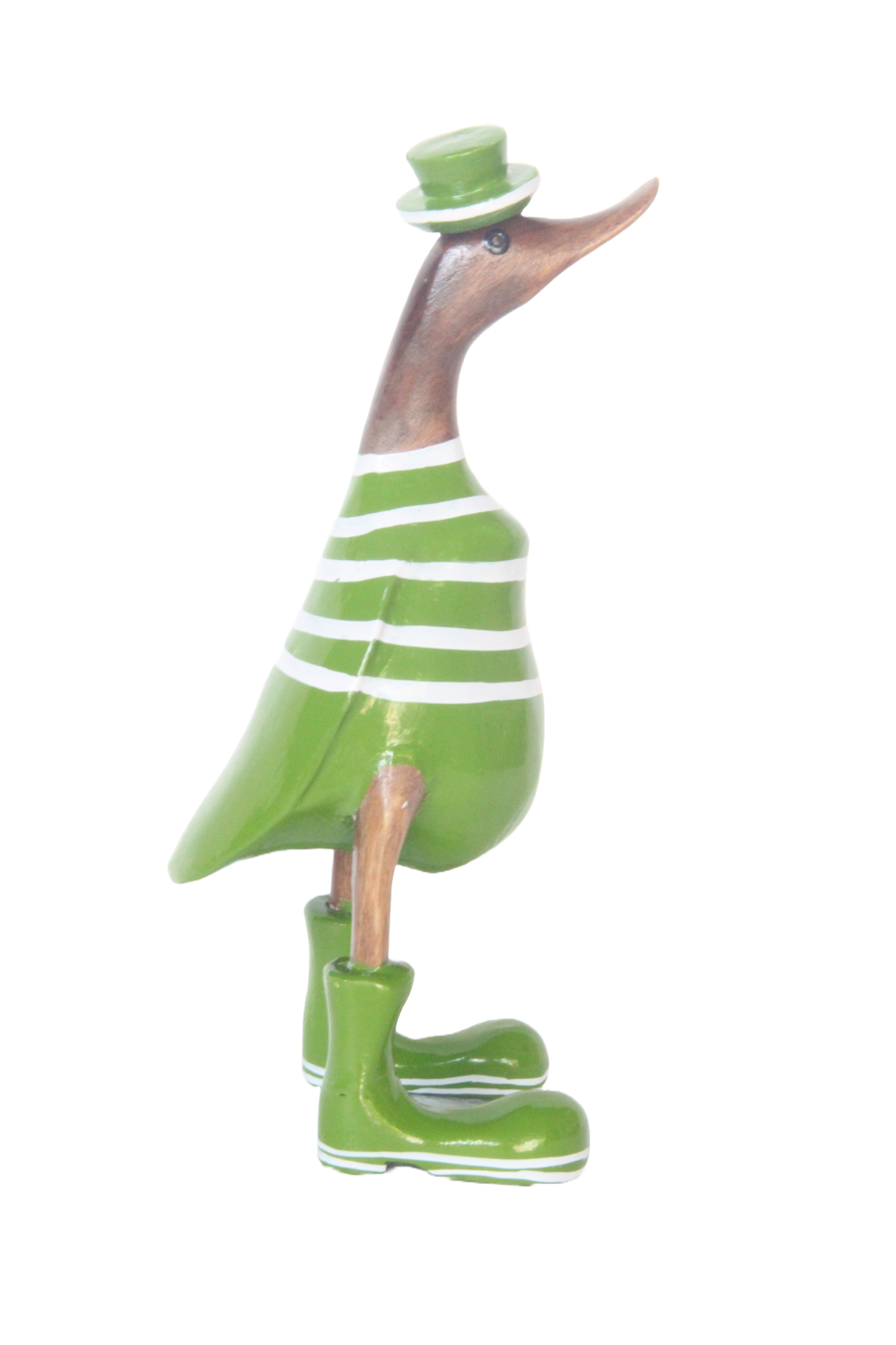 A Green Wooden Duck  With White Stripes And Boots 25cm