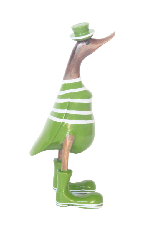 A Green Wooden Duck  With White Stripes And Boots 25cm