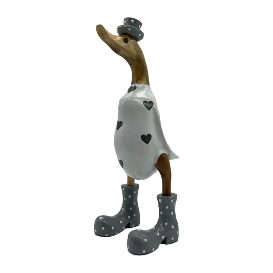A Duck Wooden With  Grey Love Hearts
