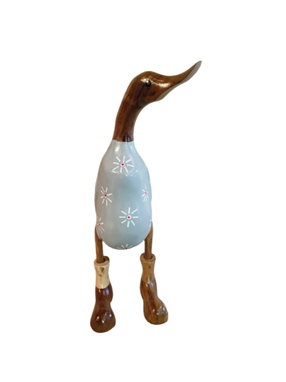 Bamboo And Teak  Duck With  Pretty Blue  Flowers And Boots Just Landed