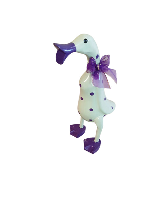 A Wooden Coloured Chatter Duck White With  Purple Polka Dots 35cm