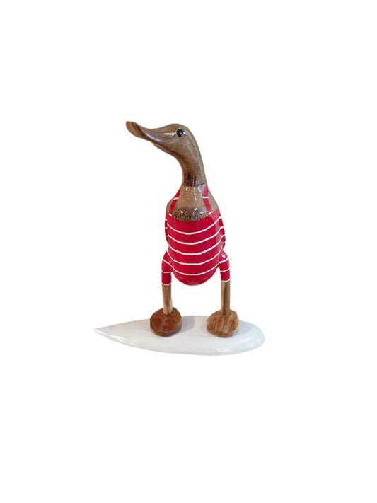 A Male  Surfer Duck 25cm Wooden Duck in Red and White.